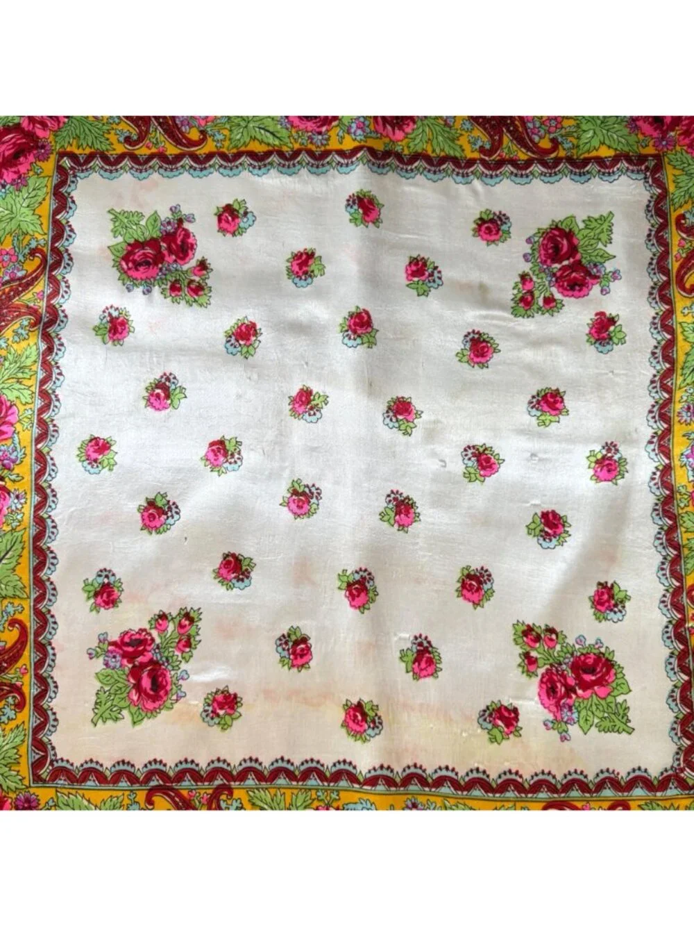 VTG Floral Yellow White Satin‎ Scarf Pink Rose Print Paisley Border 27” Square